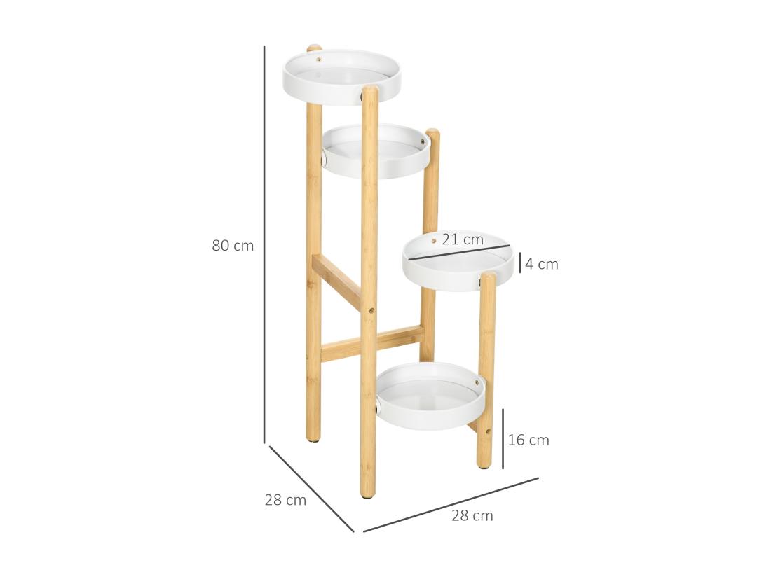 Vente Unique Support à Fleurs Style Scandinave 4 Niveaux - Porte Plante 4 étagères - Bois Bambou Verni Métal Blanc