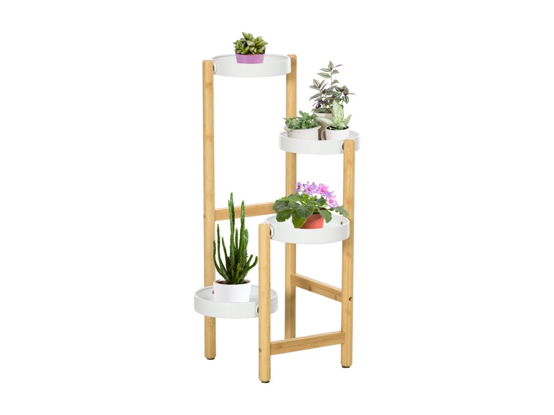 vente unique Support à fleurs style scandinave 4 niveaux - porte plante 4 étagères - bois bambou verni métal blanc