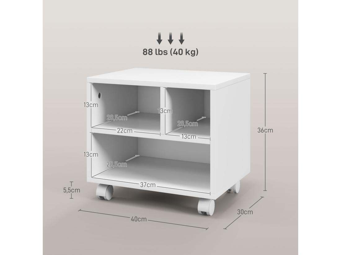 Vente Unique Support D'imprimante Caisson De Bureau 3 Niches - Dim. 40L X 30l X 36H Cm - Panneaux Blanc