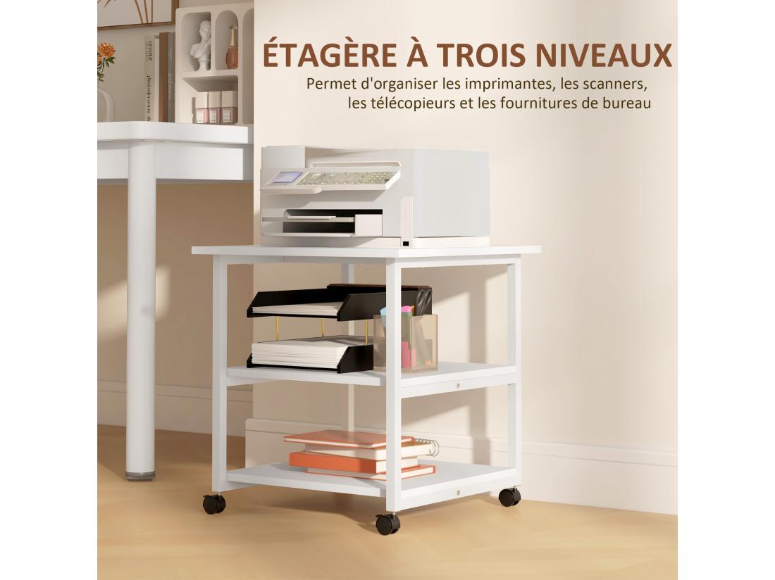 Vente Unique Support D'imprimante Desserte De Rangement 3 Niveaux Plateau 2 étagères Acier Panneaux Blanc