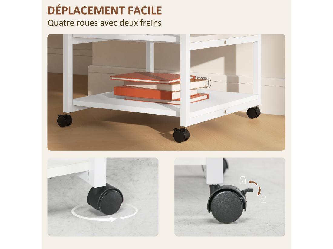 Vente Unique Support D'imprimante Desserte De Rangement 3 Niveaux Plateau 2 étagères Acier Panneaux Blanc