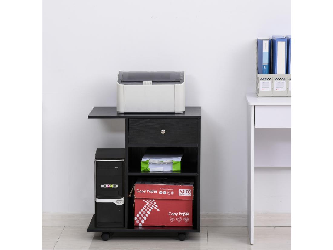 Vente Unique Support D'imprimante Organiseur Bureau Caisson 2 Niches Tiroir Espace CPU + Grand Plateau Panneaux Particules Noir