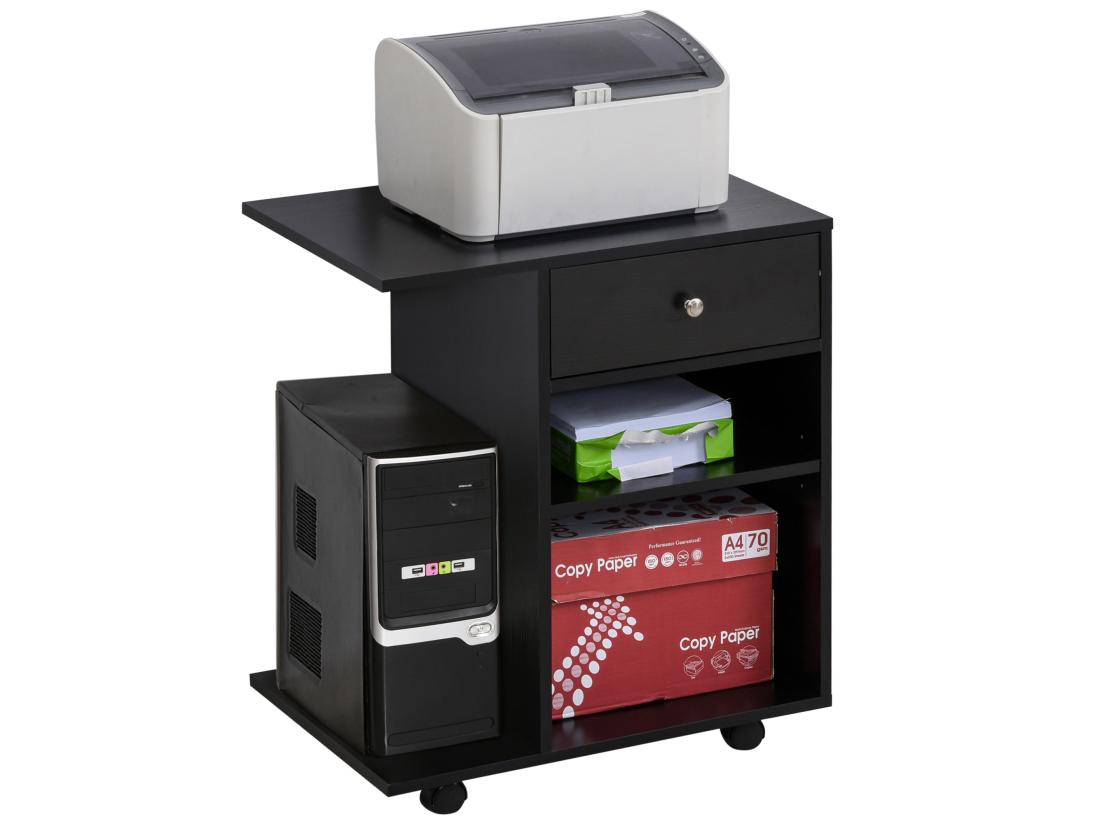 Vente Unique Support D'imprimante Organiseur Bureau Caisson 2 Niches Tiroir Espace CPU + Grand Plateau Panneaux Particules Noir