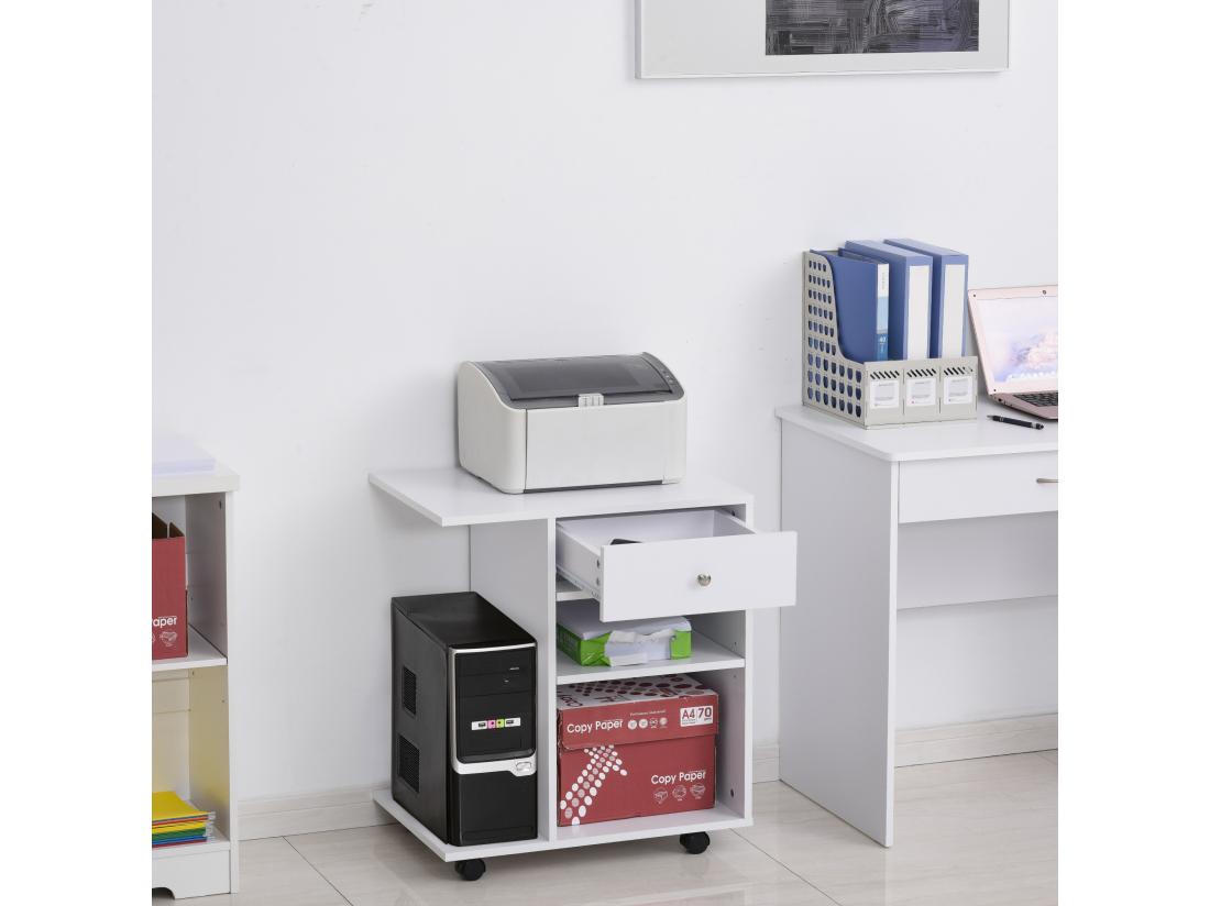 Vente Unique Support D'imprimante Organiseur Bureau Caisson 2 Niches Tiroir Espace CPU + Grand Plateau Panneaux Particules Blanc