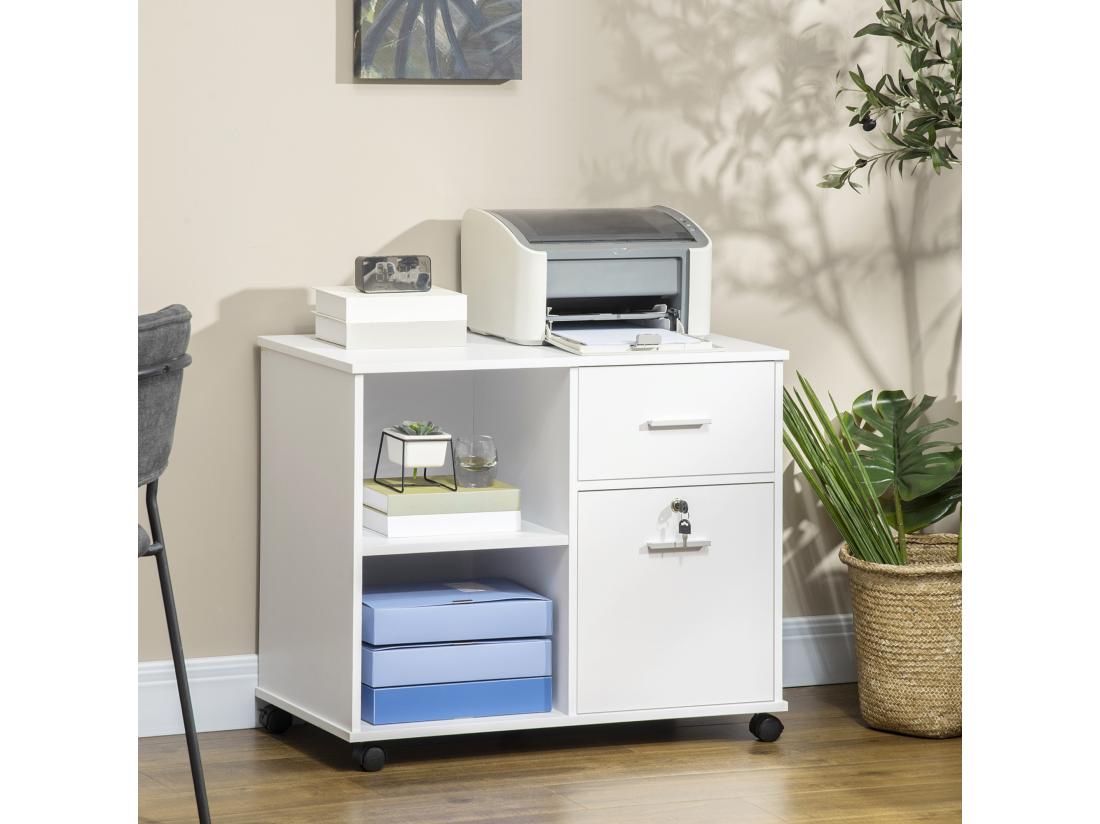 Vente Unique Support D'imprimante Organiseur Bureau Caisson Avec 2 Tiroirs Dont 1 Verrouillable Avec Clé 2 Niches Grand Plateau Dim 80L X 40l X 66 5H Cm Blanc