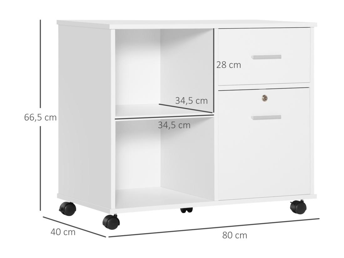 vente unique Support d'imprimante organiseur bureau caisson avec 2 tiroirs dont 1 verrouillable avec clé 2 niches grand plateau dim 80L x 40l x 66 5H cm blanc