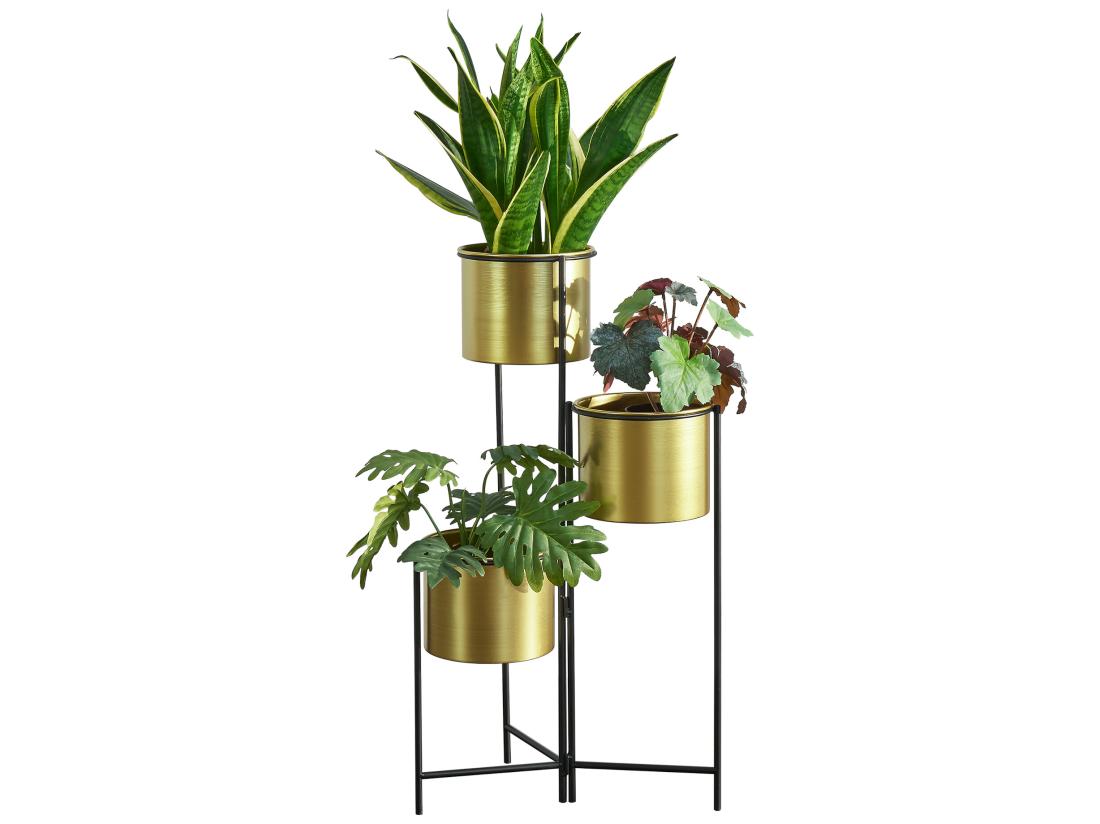 Vente Unique Support De Plante (à 3 Cache-pots) Haasdonk Laiton Noir [en.casa]
