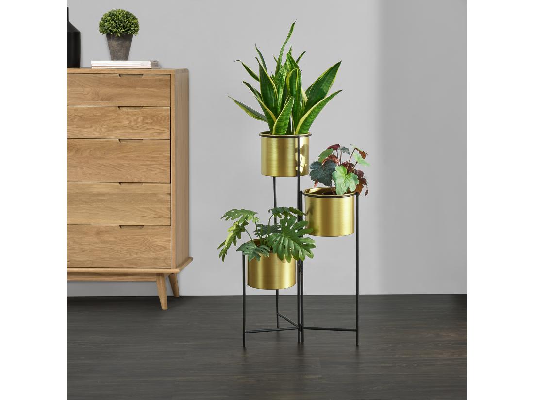 Vente Unique Support De Plante (à 3 Cache-pots) Haasdonk Laiton Noir [en.casa]