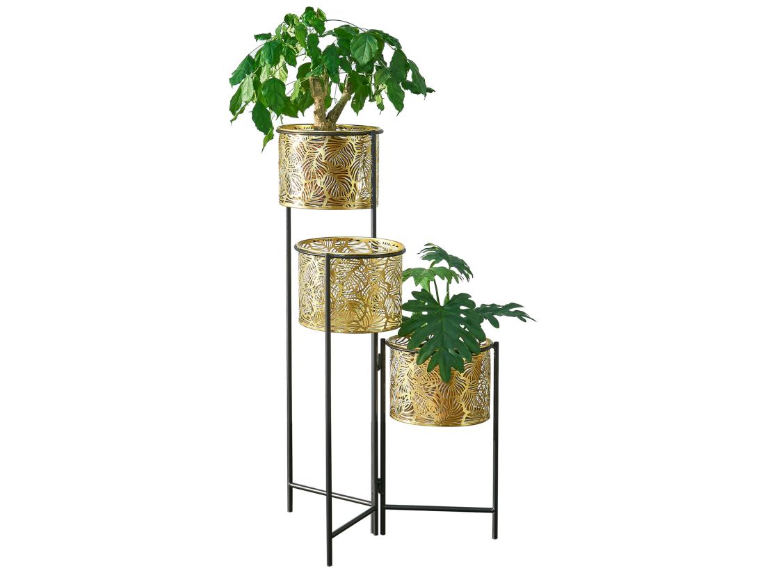Vente Unique Support De Plante (à 3 Cache-pots) Verrebroek Métal Laiton Noir [en.casa]
