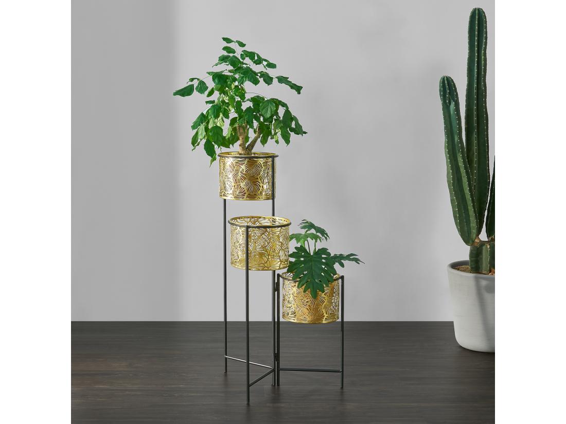 vente unique Support de plante (à 3 cache-pots) Verrebroek métal laiton noir [en.casa]