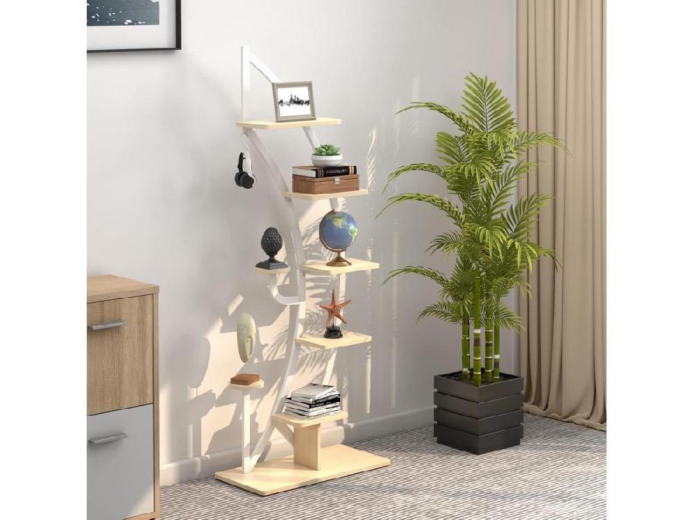 Vente Unique Support De Plante En Métal à 7 Niveaux Étagère à Fleurs Avec Crochet Porte Plantes En Forme De Demi-lune Avec Dispositif Anti-renversement Pour Salon Balcon 60 X 30 X 155 CM Blanc