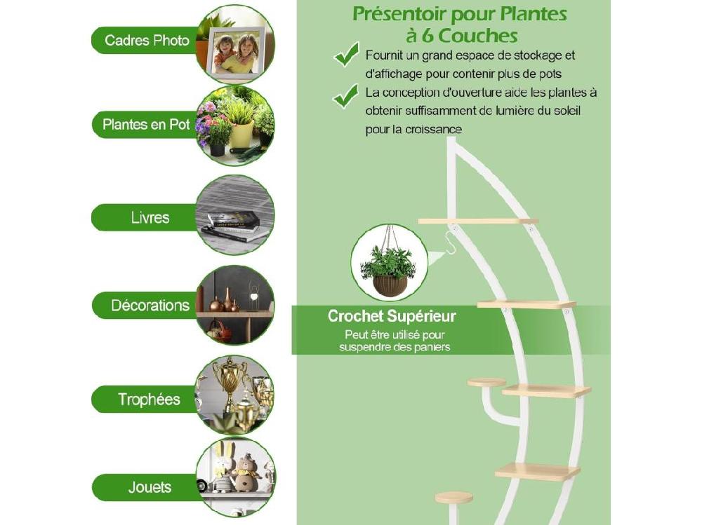 Vente Unique Support De Plante En Métal à 7 Niveaux Étagère à Fleurs Avec Crochet Porte Plantes En Forme Demi-lune Avec Dispositif Anti-renversement Pour Salon Balcon 60 X 30 X 155 CM Blanc (2 Pièces)