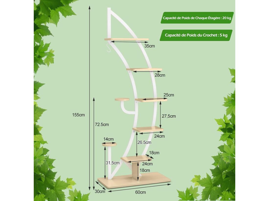 Vente Unique Support De Plante En Métal à 7 Niveaux Étagère à Fleurs Avec Crochet Porte Plantes En Forme Demi-lune Avec Dispositif Anti-renversement Pour Salon Balcon 60 X 30 X 155 CM Blanc (2 Pièces)