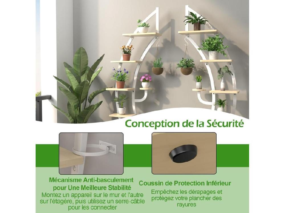 Vente Unique Support De Plante En Métal à 7 Niveaux Étagère à Fleurs Avec Crochet Porte Plantes En Forme Demi-lune Avec Dispositif Anti-renversement Pour Salon Balcon 60 X 30 X 155 CM Blanc (2 Pièces)