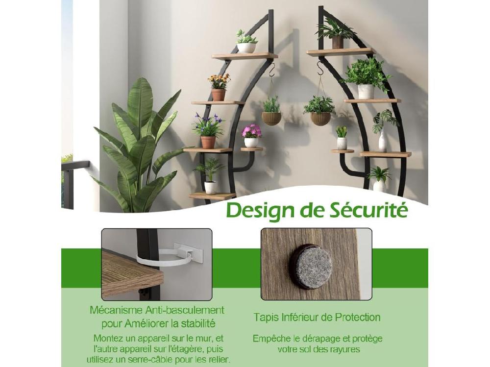 Vente Unique Support De Plante En Métal à 7 Niveaux Étagère à Fleurs Avec Crochet Porte Plantes En Forme De Demi-lune Avec Dispositif Anti-renversement Pour Salon Balcon 60 X 30 X 155 CM Nature