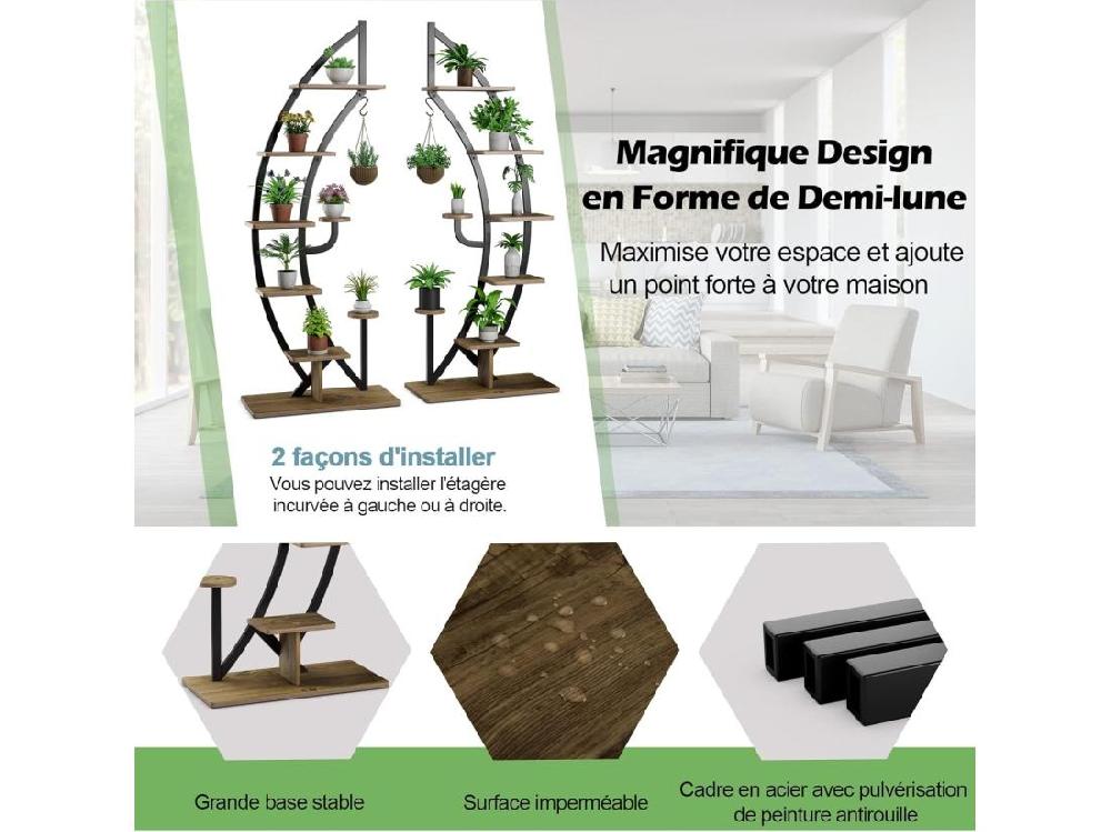 Vente Unique Support De Plante En Métal à 7 Niveaux Étagère à Fleurs Avec Crochet Porte Plantes En Forme De Demi-lune Avec Dispositif Anti-renversement Pour Salon Balcon 60 X 30 X 155 CM Nature