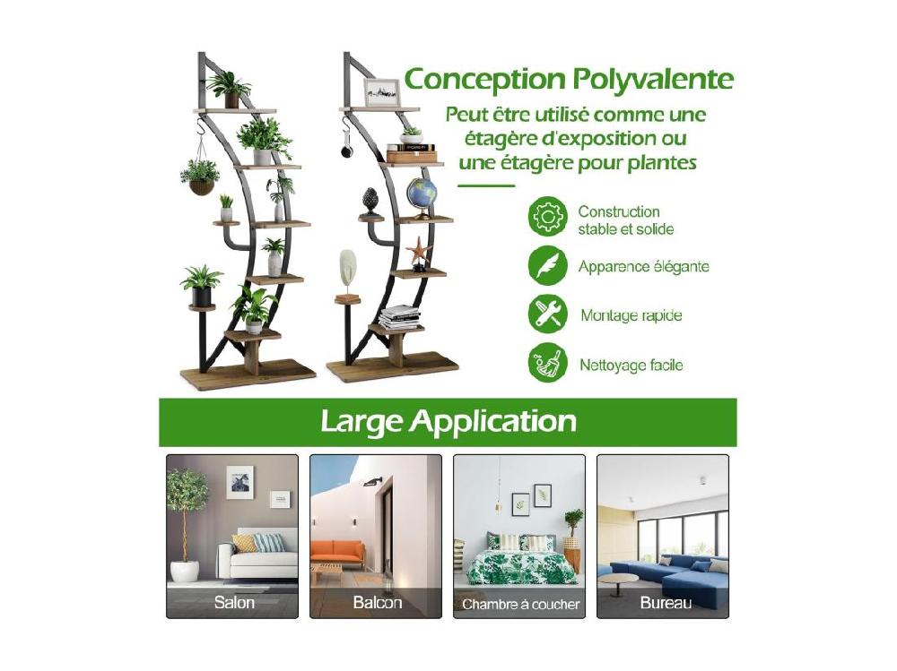 vente unique Support de Plante en Métal à 7 Niveaux Étagère à Fleurs avec Crochet Porte Plantes en Forme de Demi-lune avec Dispositif Anti-renversement pour Salon Balcon 60 x 30 x 155 CM Nature