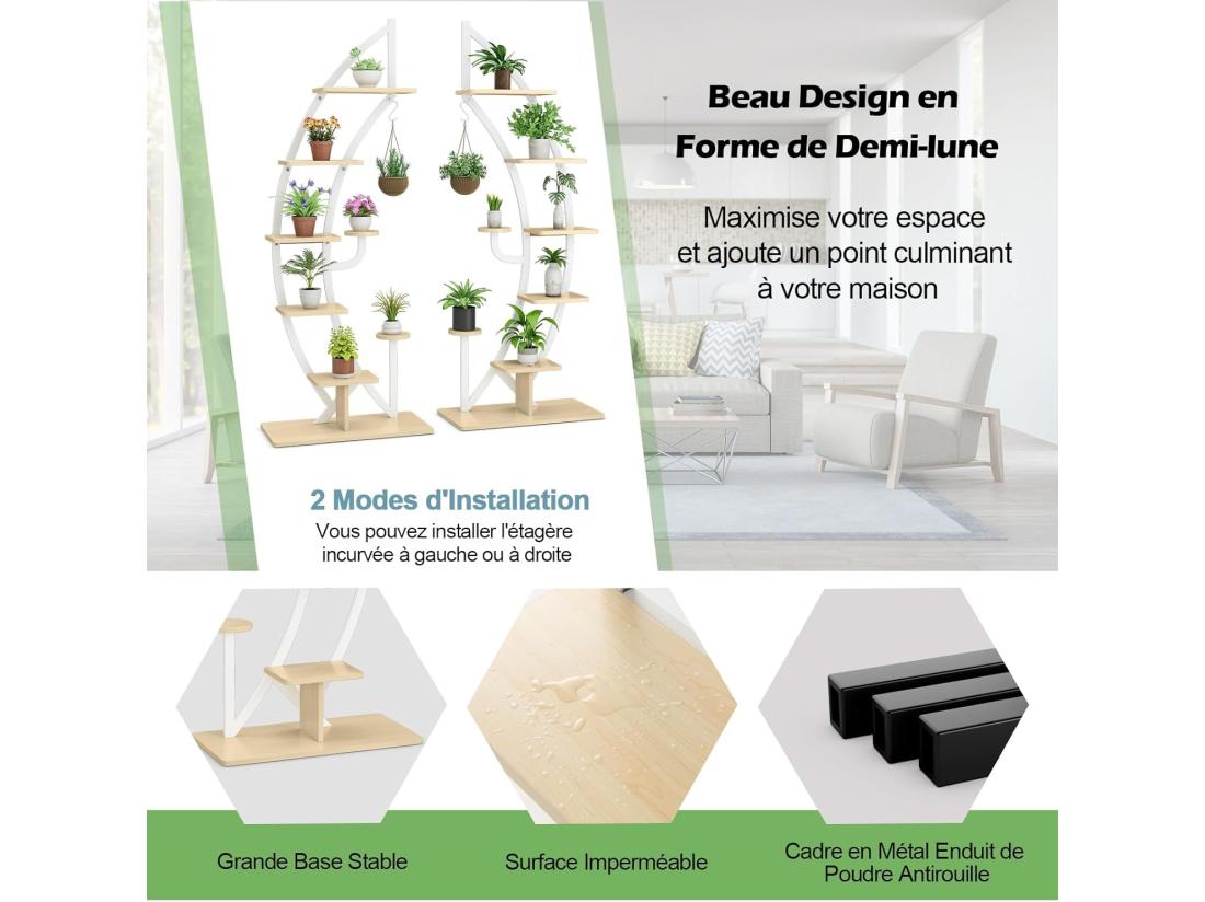 vente unique Support de Plante en Métal à 7 Niveaux Étagère à Fleurs avec Crochet Porte Plantes en Forme de Demi-lune avec Dispositif Anti-renversement pour Salon Balcon 60 x 30 x 155 CM Blanc