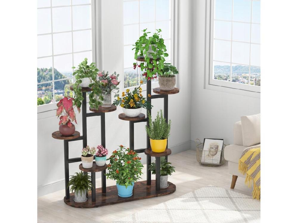 Vente Unique Support De Plantes D'intérieur à Plusieurs étages Pour 11 Pots De Fleurs Support De Rangement Pour Jardin Balcon Salon Marron Rustique