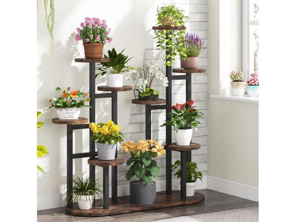 Vente Unique Support De Plantes D'intérieur à Plusieurs étages Pour 11 Pots De Fleurs Support De Rangement Pour Jardin Balcon Salon Marron Rustique