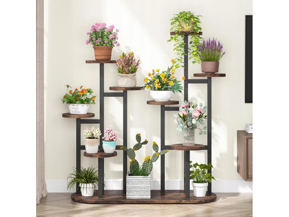 vente unique Support de plantes d'intérieur à plusieurs étages pour 11 pots de fleurs support de rangement pour jardin balcon salon marron rustique