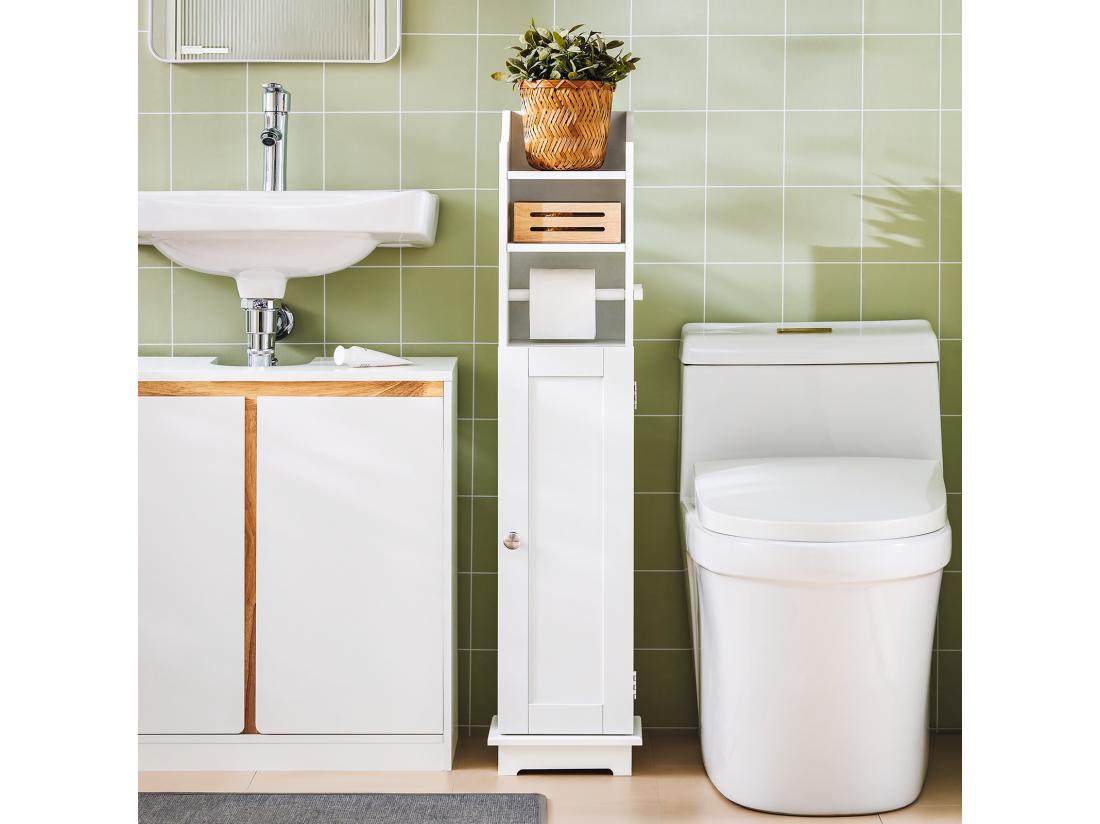Vente Unique Support Papier Toilette Armoir Toilettes Porte Brosse WC En Bois – Blanc FRG177-W