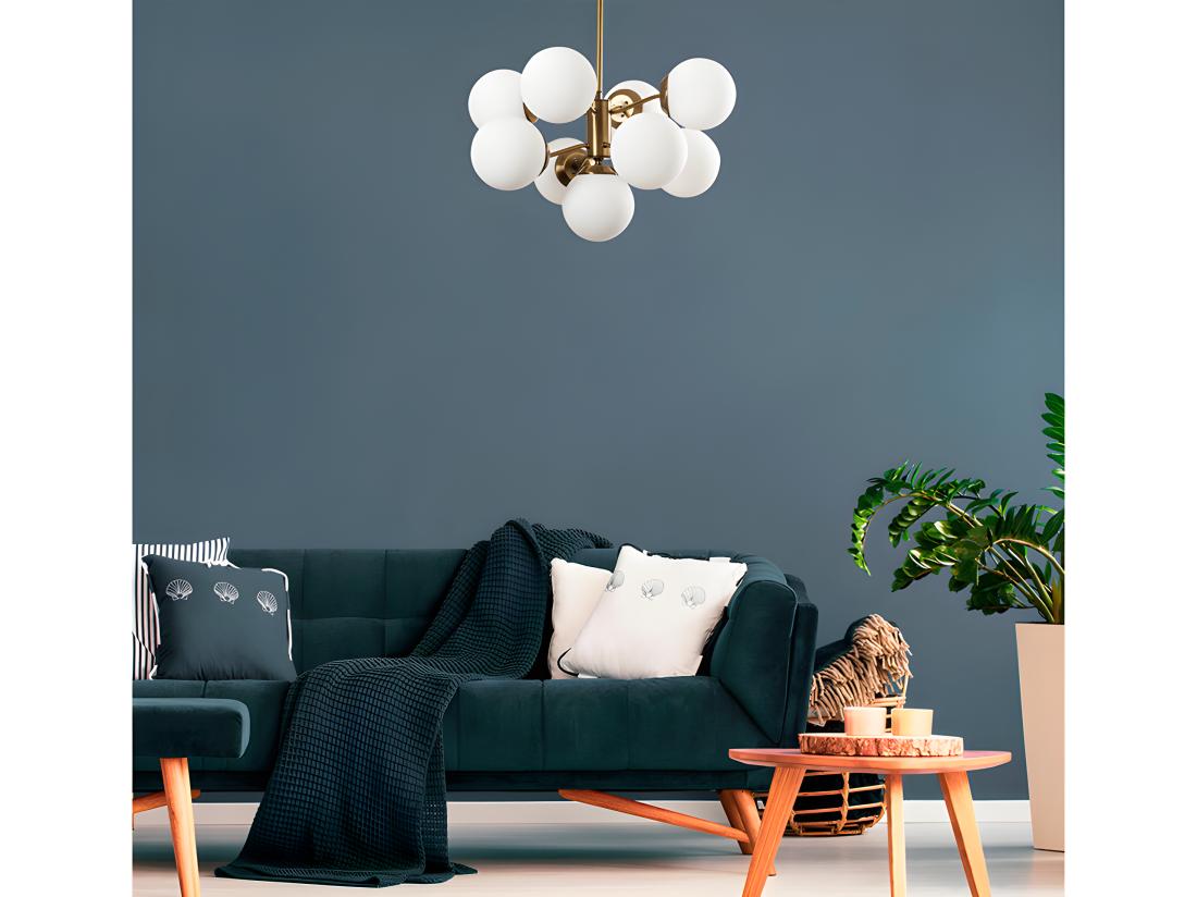 vente unique Suspension en métal - 9 globes - H. 80 cm - Blanc et doré - MUDONI