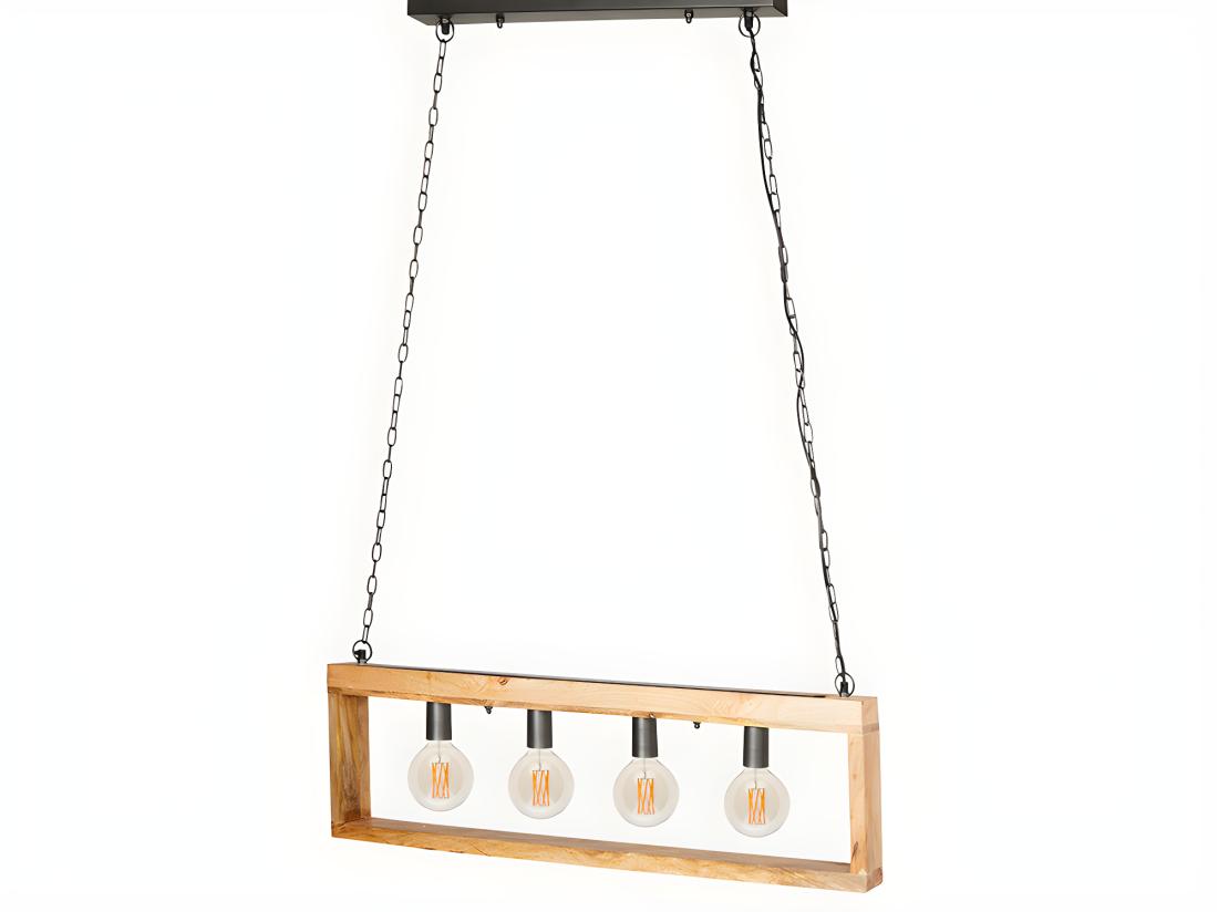 Vente Unique Suspension Style Industriel Caisse Rectangulaire En Bois OLIUS - Bois Et Métal -4 Lampes - H. 31 X L.100 Cm - Naturel Et Noir