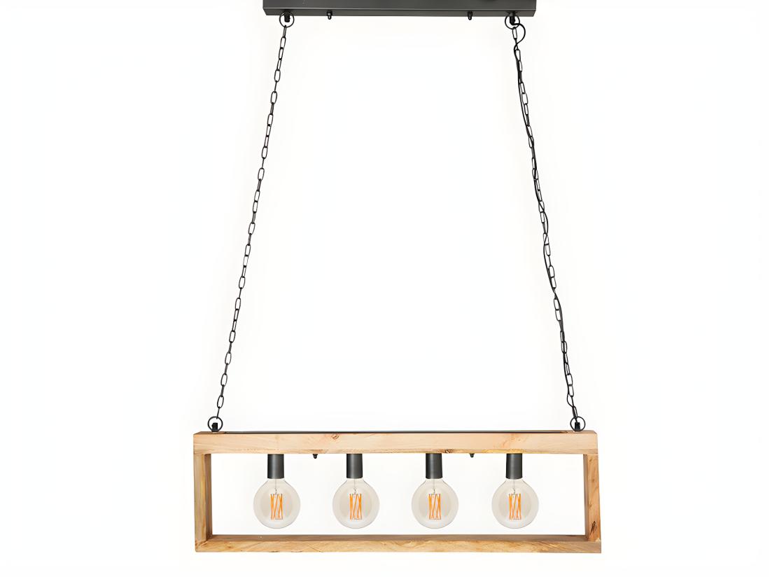 vente unique Suspension style industriel caisse rectangulaire en bois OLIUS - bois et métal -4 lampes - H. 31 x L.100 cm - naturel et noir