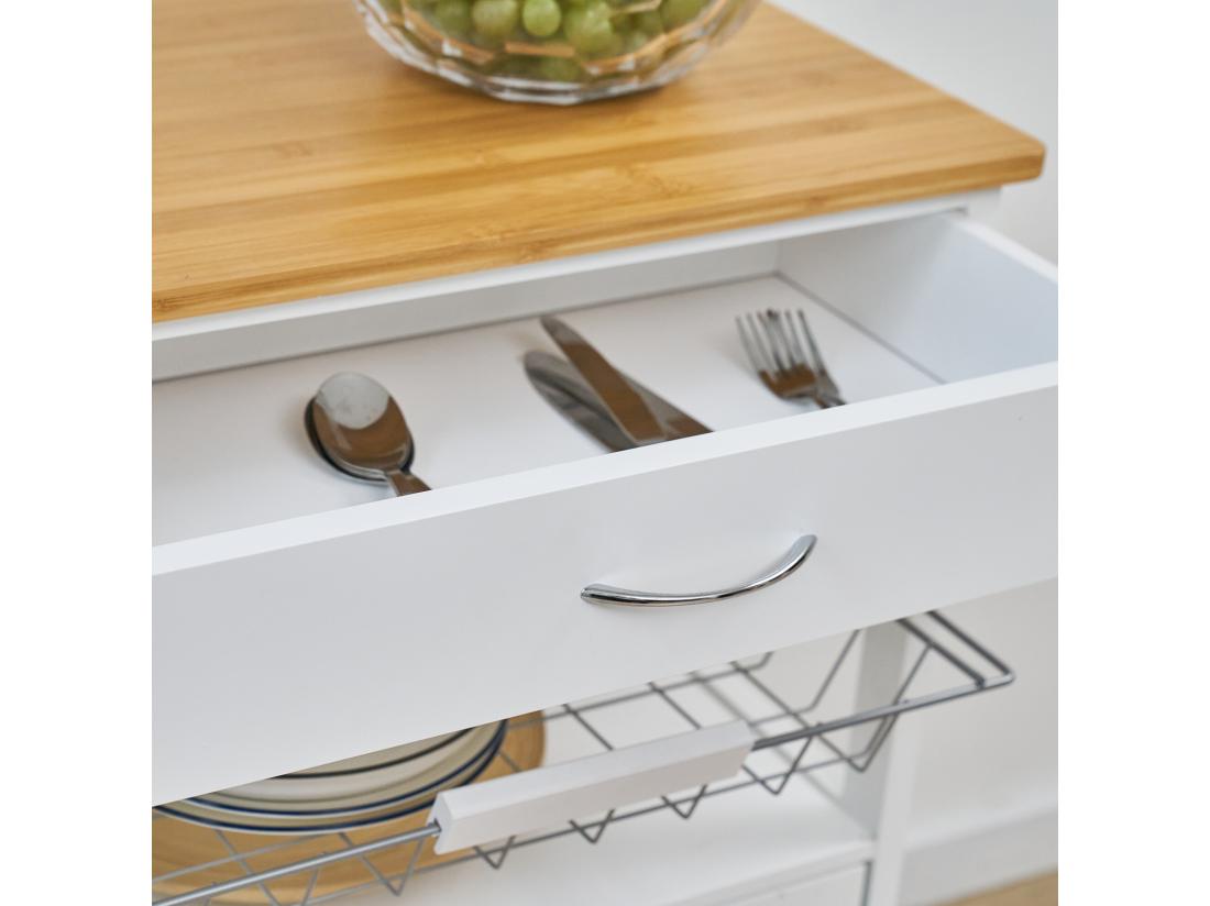 Vente Unique SVITA Desserte De Cuisine Sur Roulettes Avec Plan De Travail Panier En Bois Blanc