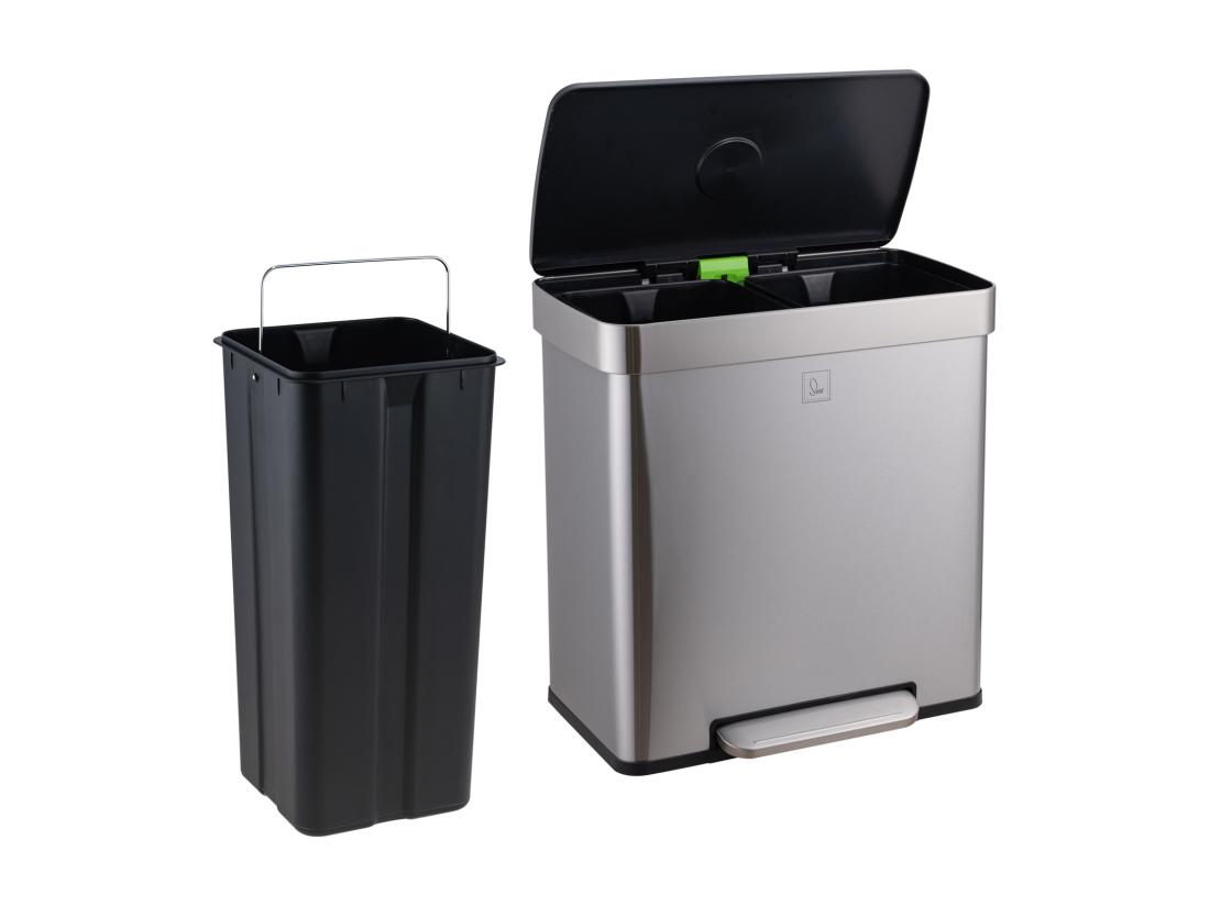 Vente Unique SVITA LT2X30 Poubelle 60l Poubelle à Pédale 2 Compartiments Avec Couvercle Argent