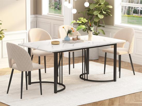 vente unique Table à manger 140x80 cm avec pieds réglables - structure en métal - placage à motif marbre - Blanc & Noir