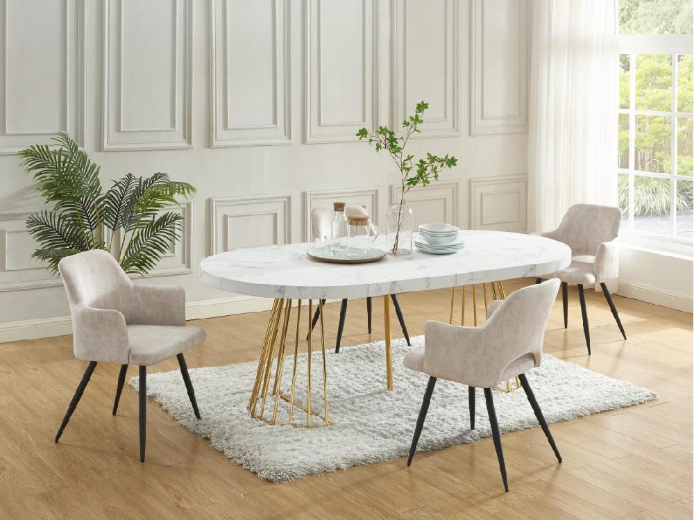 Vente Unique Table à Manger Extensible 2 à 12 Personnes En MDF Et Acier - Effet Marbre Blanc Et Doré - FIRELA