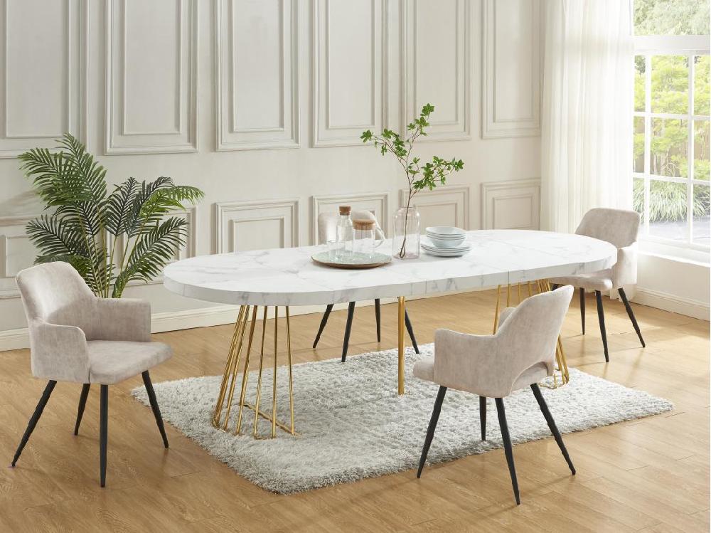 Vente Unique Table à Manger Extensible 2 à 12 Personnes En MDF Et Acier - Effet Marbre Blanc Et Doré - FIRELA