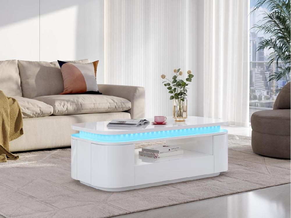 vente unique Table basse 4 portes et 1 tiroir avec LEDs en MDF - Blanc laqué - VANDANA