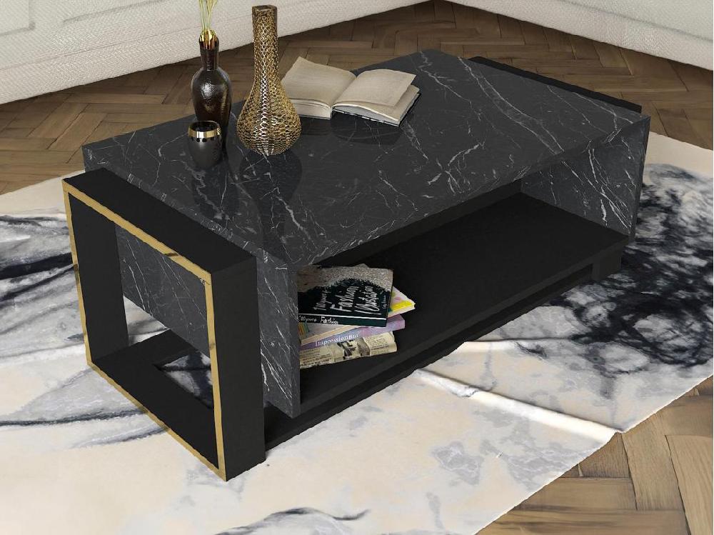 vente unique Table basse avec 1 niche - Effet marbre noir et doré - COMEBI