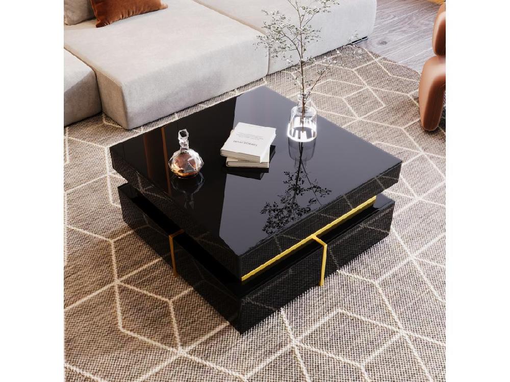 Vente Unique Table basse Avec 2 Tiroirs - Aspect Brillant Et garniture dorée - Noir