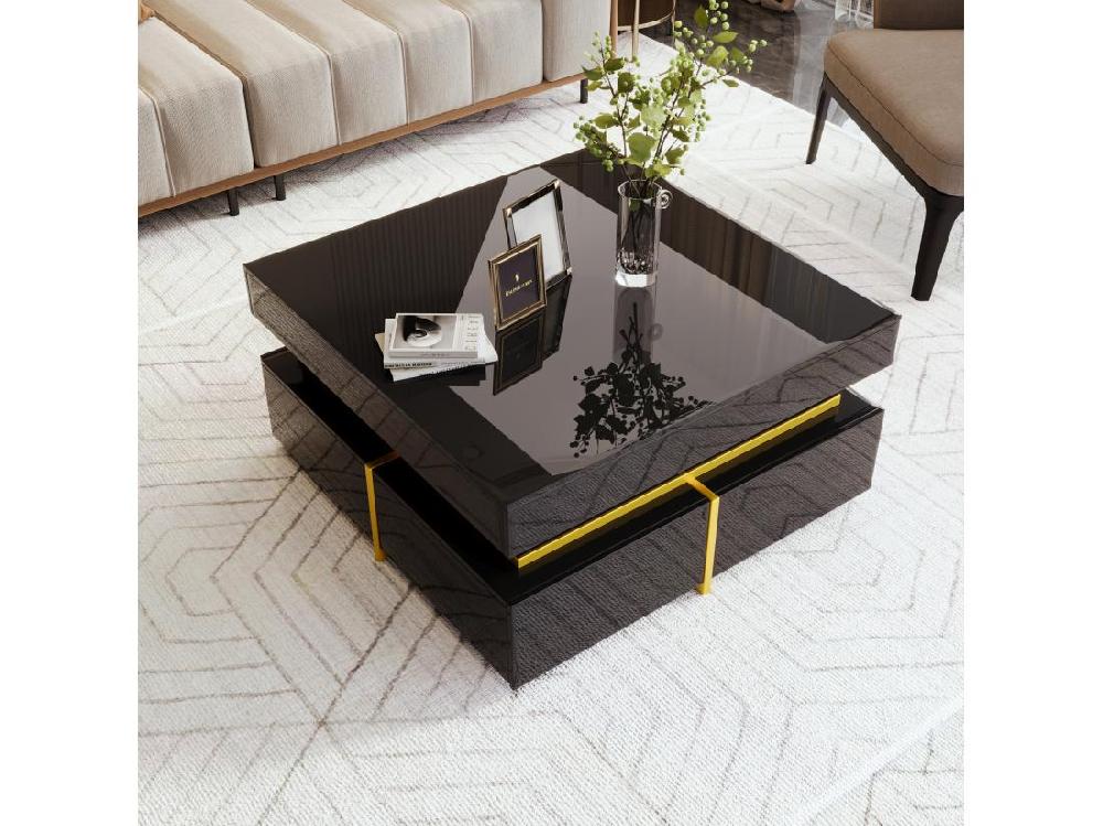 vente unique Table basse avec 2 tiroirs - aspect brillant et garniture dorée - Noir