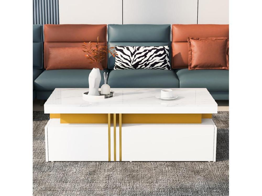 Vente Unique Table Basse Avec 2 Tiroirs - Planche à Motifs Marbre - Style Scandinave - Blanc