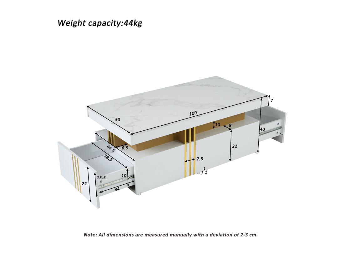 Vente Unique Table Basse Avec 2 Tiroirs - Planche à Motifs Marbre - Style Scandinave - Blanc