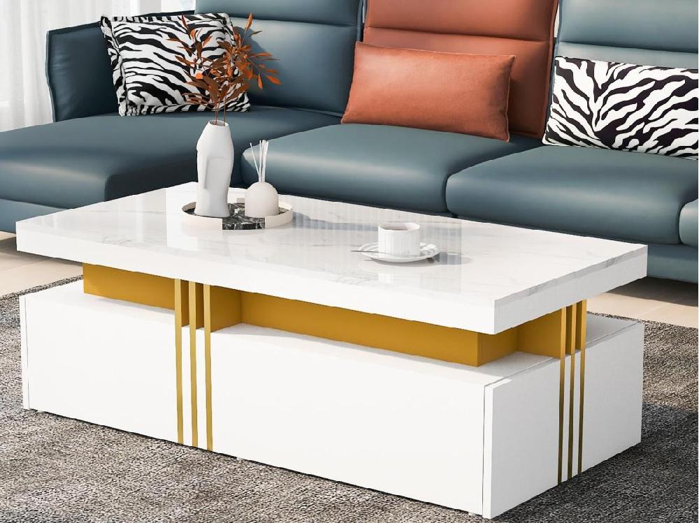 vente unique Table basse avec 2 tiroirs - planche à motifs marbre - style scandinave - Blanc