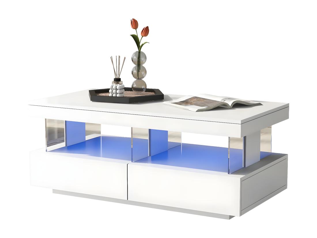 Vente Unique Table Basse Avec LED - 2 Tiroirs Et 2 Compartiments - Style Moderne - Blanc