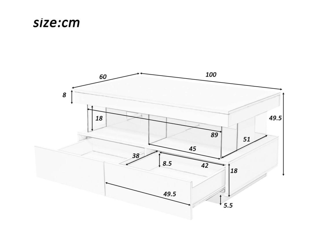 Vente Unique Table Basse Avec LED - 2 Tiroirs Et 2 Compartiments - Style Moderne - Blanc