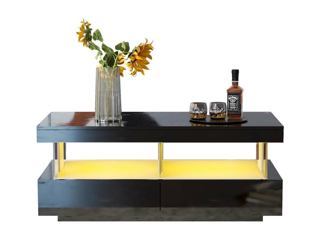 Vente Unique Table Basse Avec LED - 2 Tiroirs Et 2 Compartiments - Style Moderne - Noir