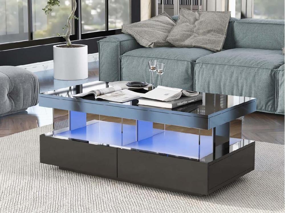vente unique Table basse avec LED - 2 tiroirs et 2 compartiments - style moderne - Noir