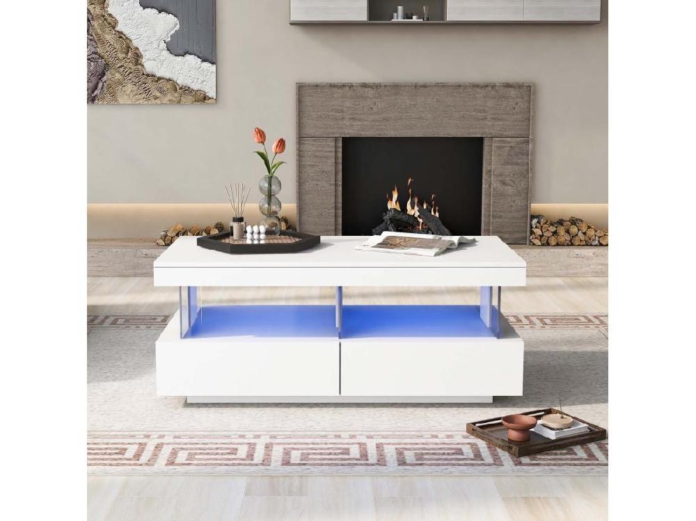 vente unique Table basse avec LED - 2 tiroirs et 2 compartiments - style moderne - Blanc