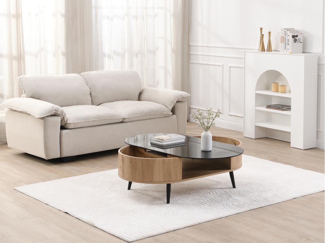 Vente Unique Table Basse Avec Plateau Pivotant Et 3 Niches En MDF Et Verre Trempé - Naturel Et Noir - YONISMA