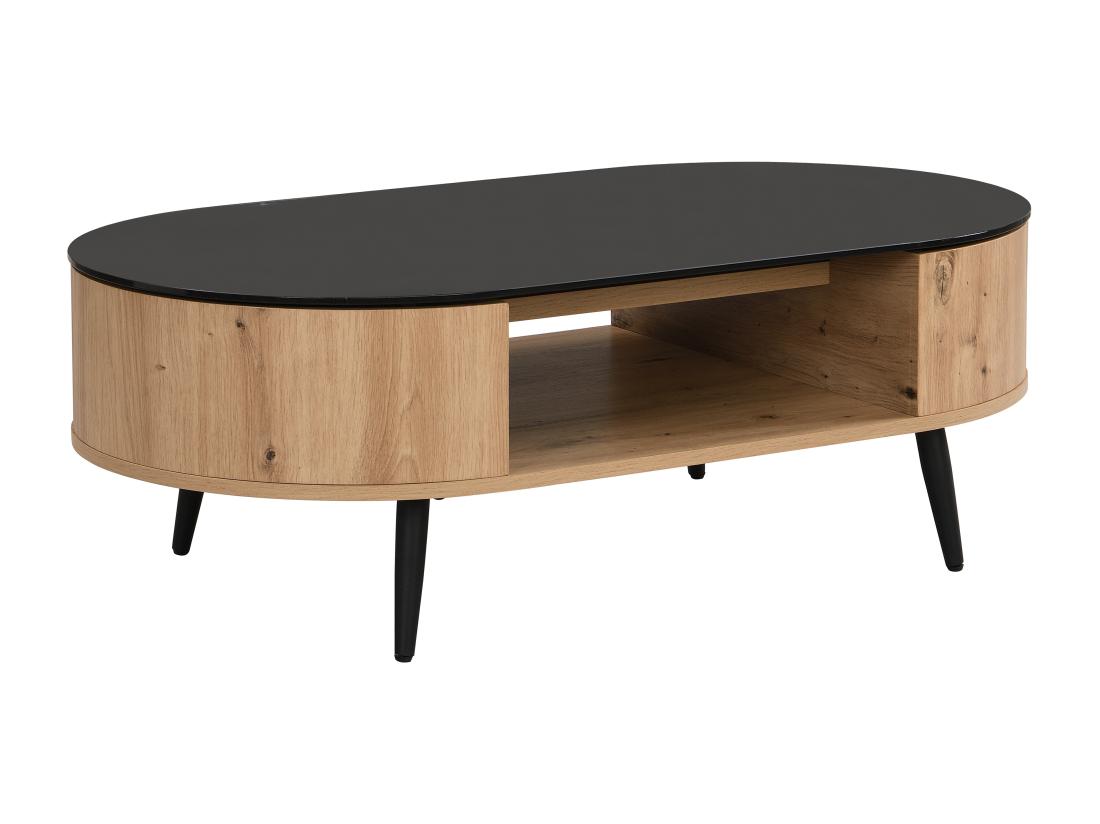 Vente Unique Table Basse Avec Plateau Pivotant Et 3 Niches En MDF Et Verre Trempé - Naturel Et Noir - YONISMA