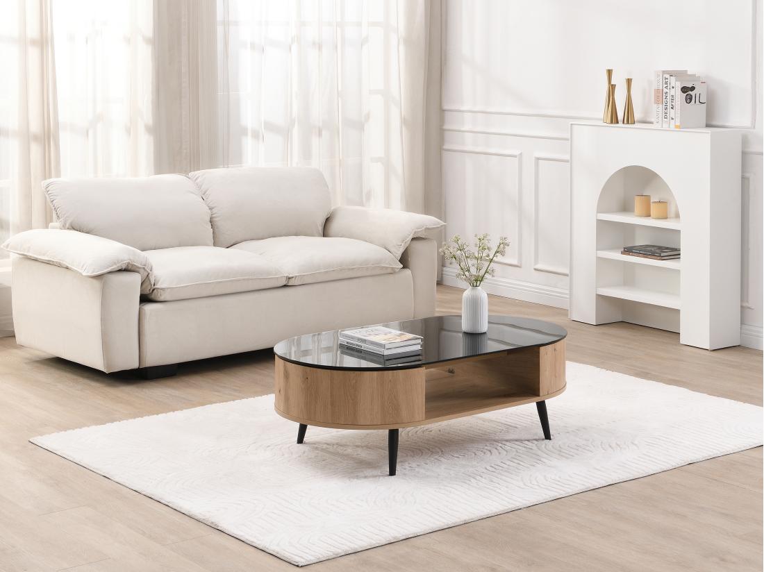 vente unique Table basse avec plateau pivotant et 3 niches en MDF et verre trempé - Naturel et noir - YONISMA