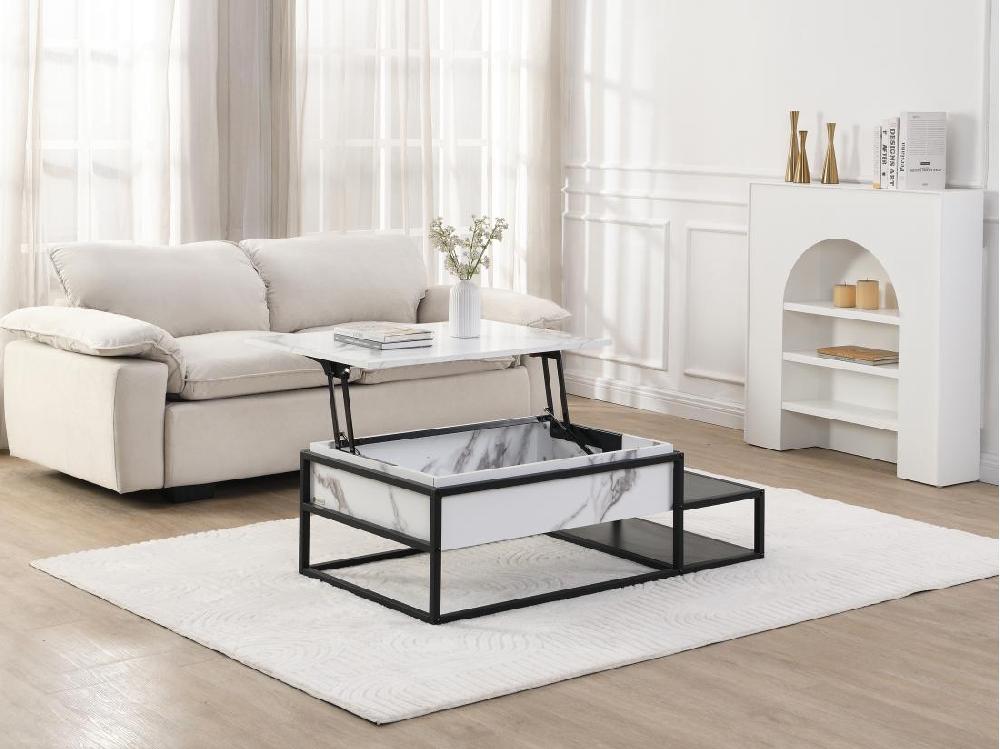 Vente Unique Table Basse Avec Plateau Relevable En MDF Et Métal - Effet Marbre Blanc Et Noir - LUTESA